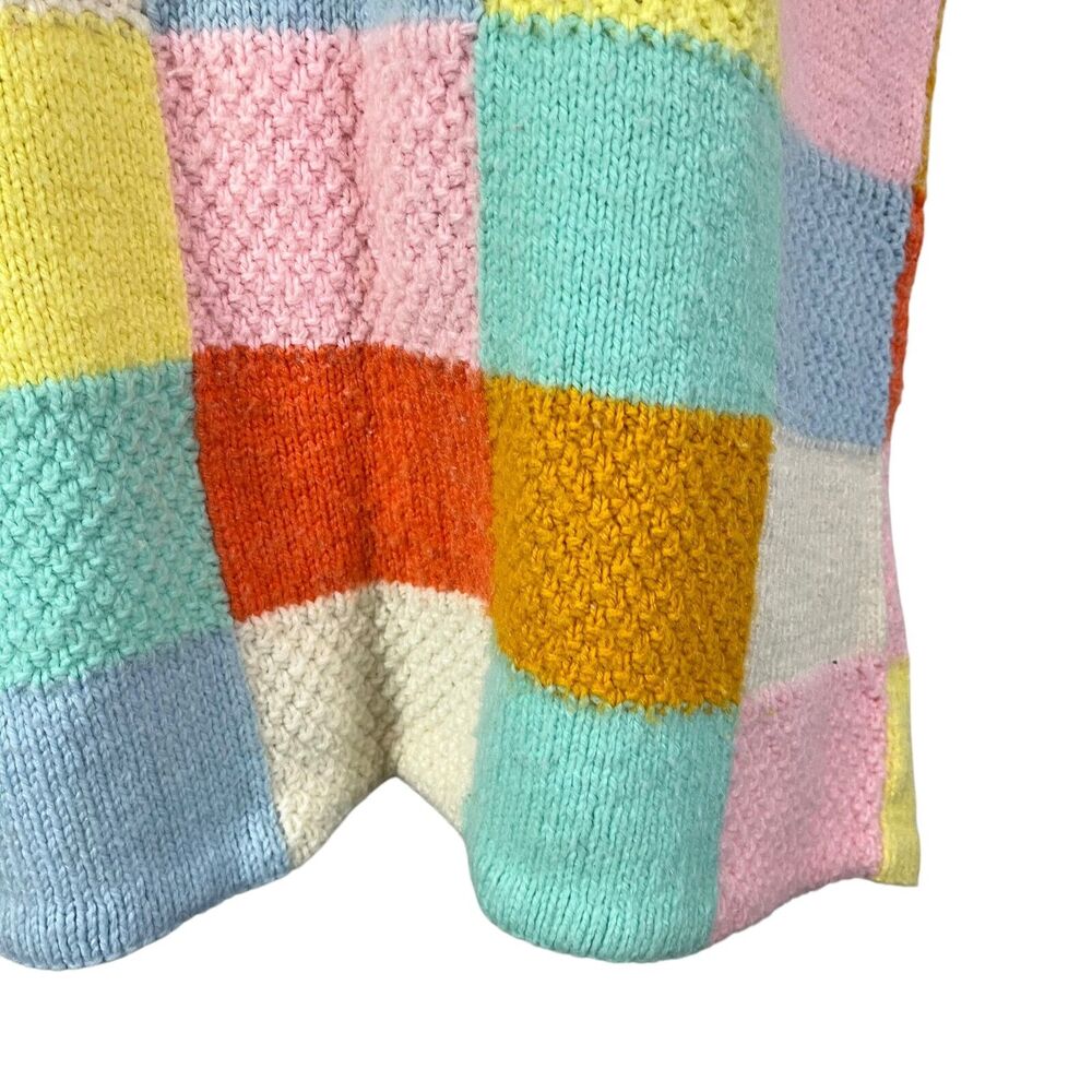 Vintage Peterpan Collar Brady Bunch Groovy Checkered Sweater 70s Patchwork M - Picture 7 of 14